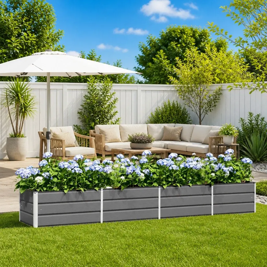 Galvanised Steel Garden Planter Light Grey Outdoor Raised Flower Pot 385 x 50 x 45 cm