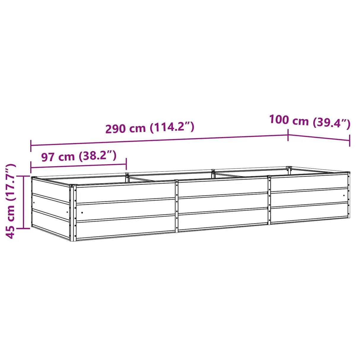 Steel Planter Galvanised Anthracite Large 290 x 100 x 45 cm Outdoor Garden