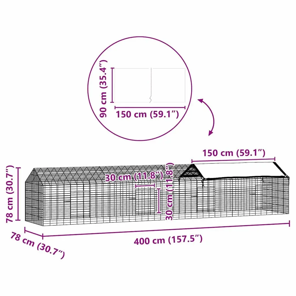 Rabbit Cage Galvanized Steel Weatherproof Outdoor 400x78x78cm