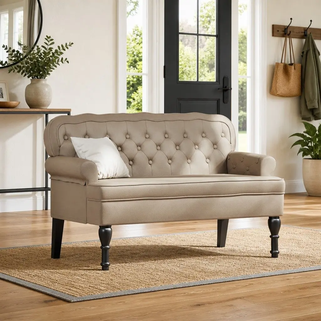 Chesterfield Bench Button Tufted Rolled Armrests Faux Leather Brown Seating