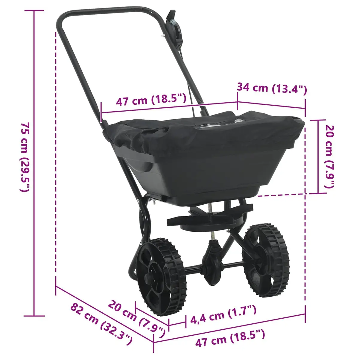 Spreader Black 82 x 46 x 75 cm PVC Steel Lawn Garden Fertiliser Seed Outdoor