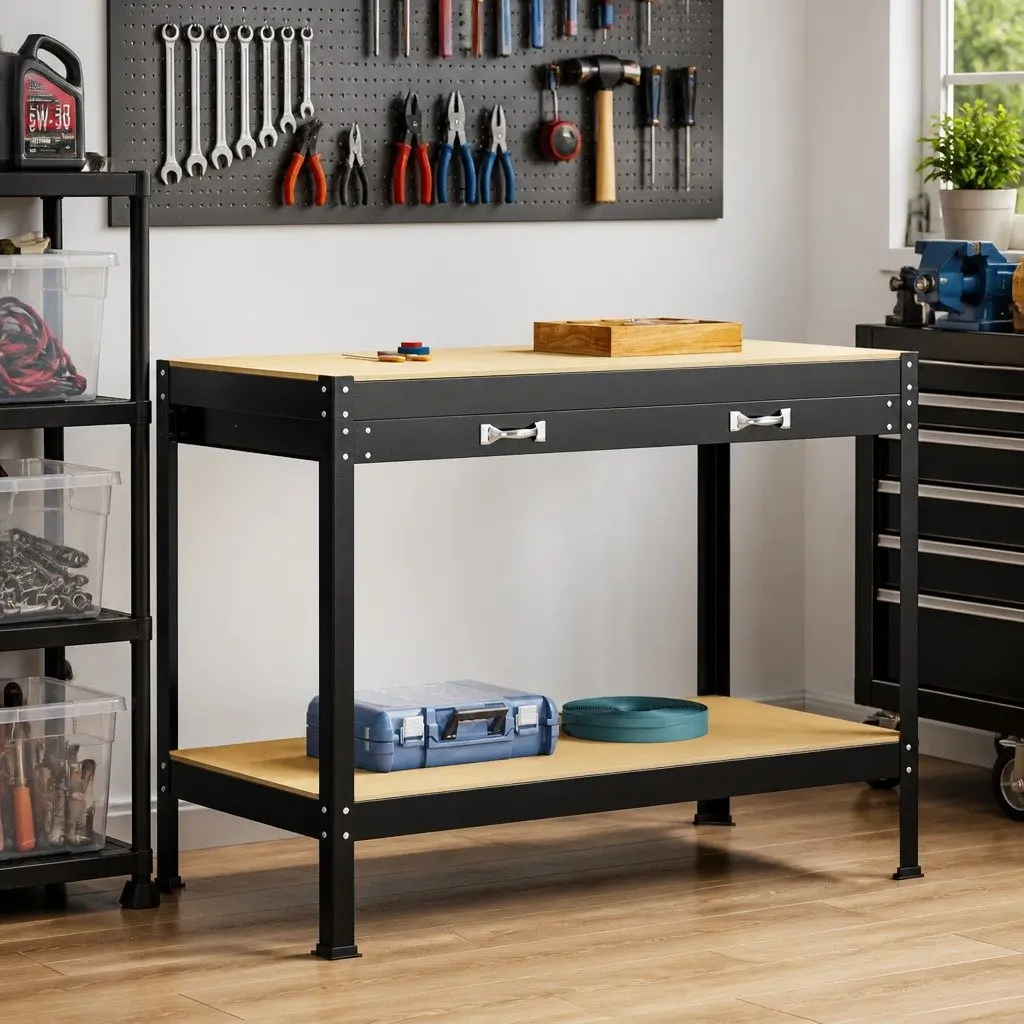 Black Workbench for Tools and Projects 114 x 54 x 91 cm