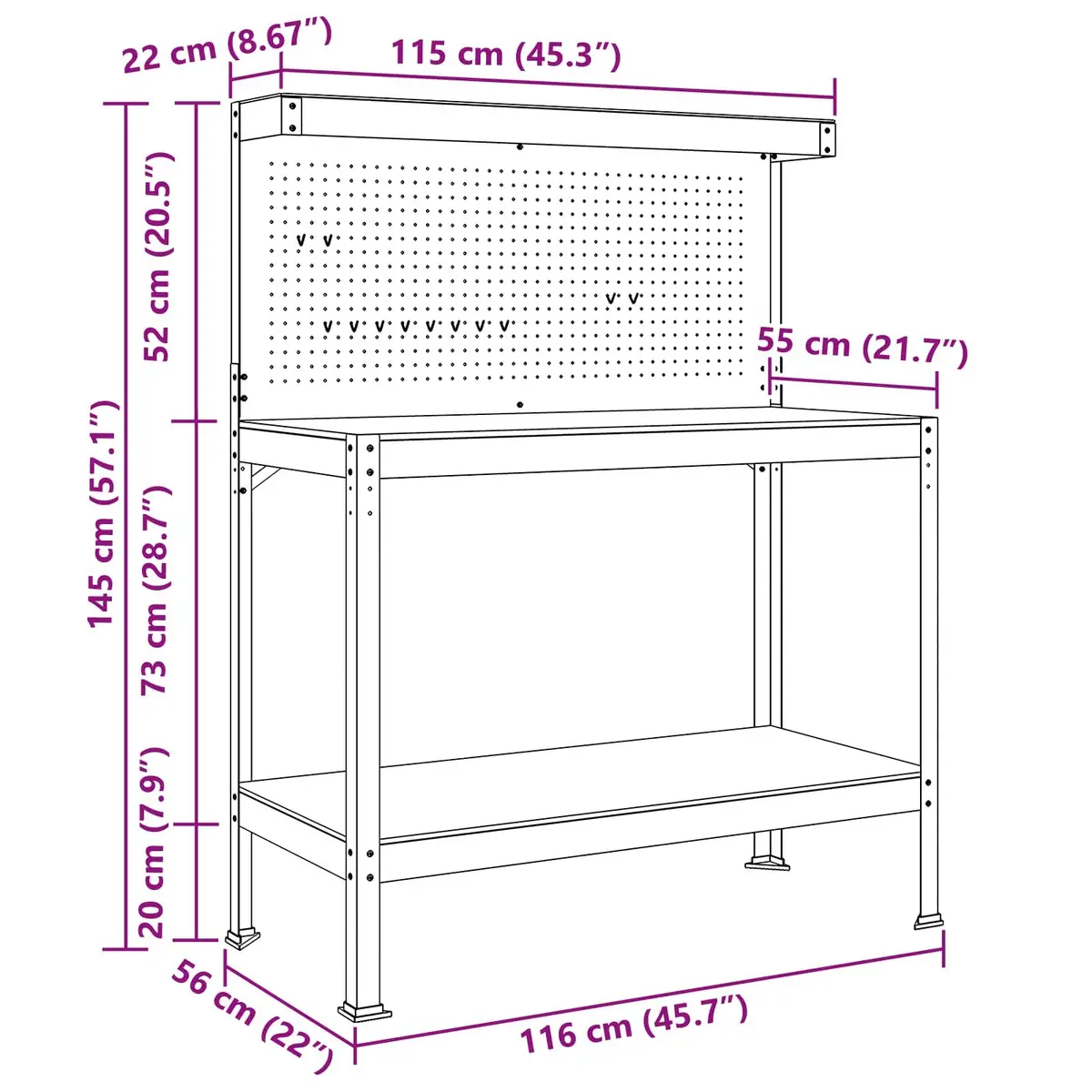 Workbench Black Engineered Wood Metal Frame 114 x 54 x 145 cm