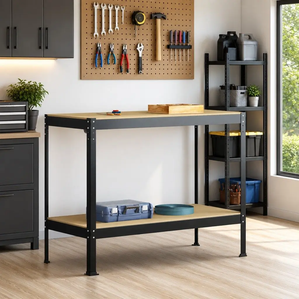 Workbench Black 115 x 55 x 91 cm Engineered Wood Metal Frame Pegboard Drawer