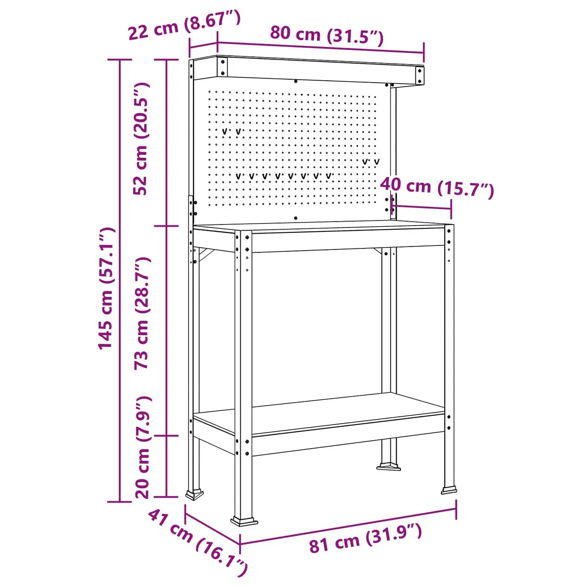 Workbench Black 81 x 41 x 145 cm Engineered Wood Metal Frame Pegboard Drawer