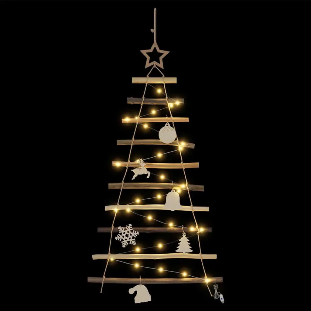 Hanging Christmas Tree 90 cm Warm LED Lights Wall Door Decor Natural Ash Wood