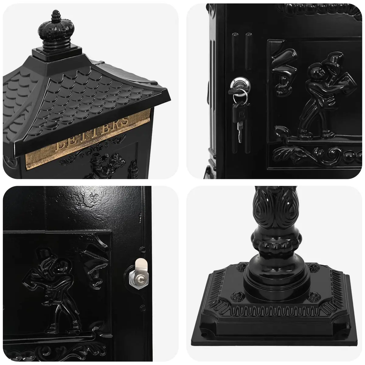 Standing Mailbox Vintage Black Waterproof Cast Aluminium Garden Post Box