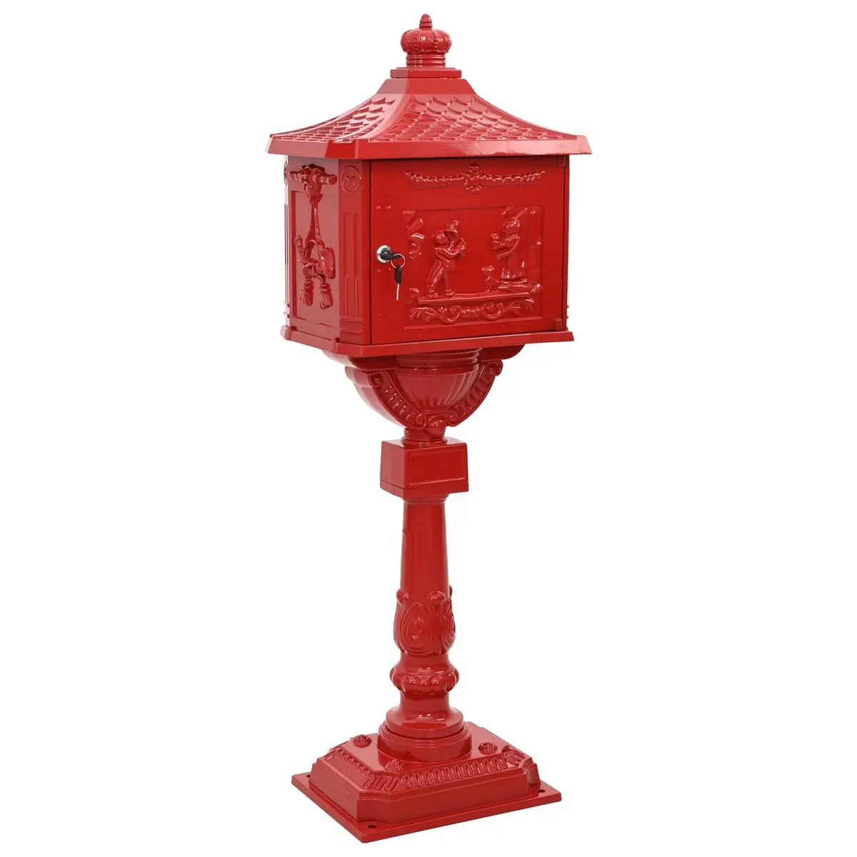 Standing Mailbox Vintage Red Waterproof Outdoor Decor 42.5 x 29.5 x 117 cm