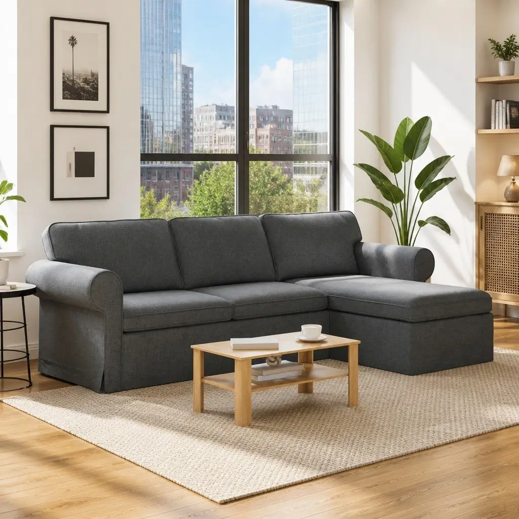 Dark Grey Fabric Sofa Modern Living Room Couch 245x138x80cm Metal Frame Lounge
