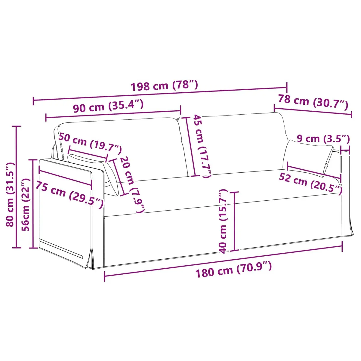 Black Fabric Sofa 198 x 78 x 80 cm Modular Lounge Couch Living Room Seating