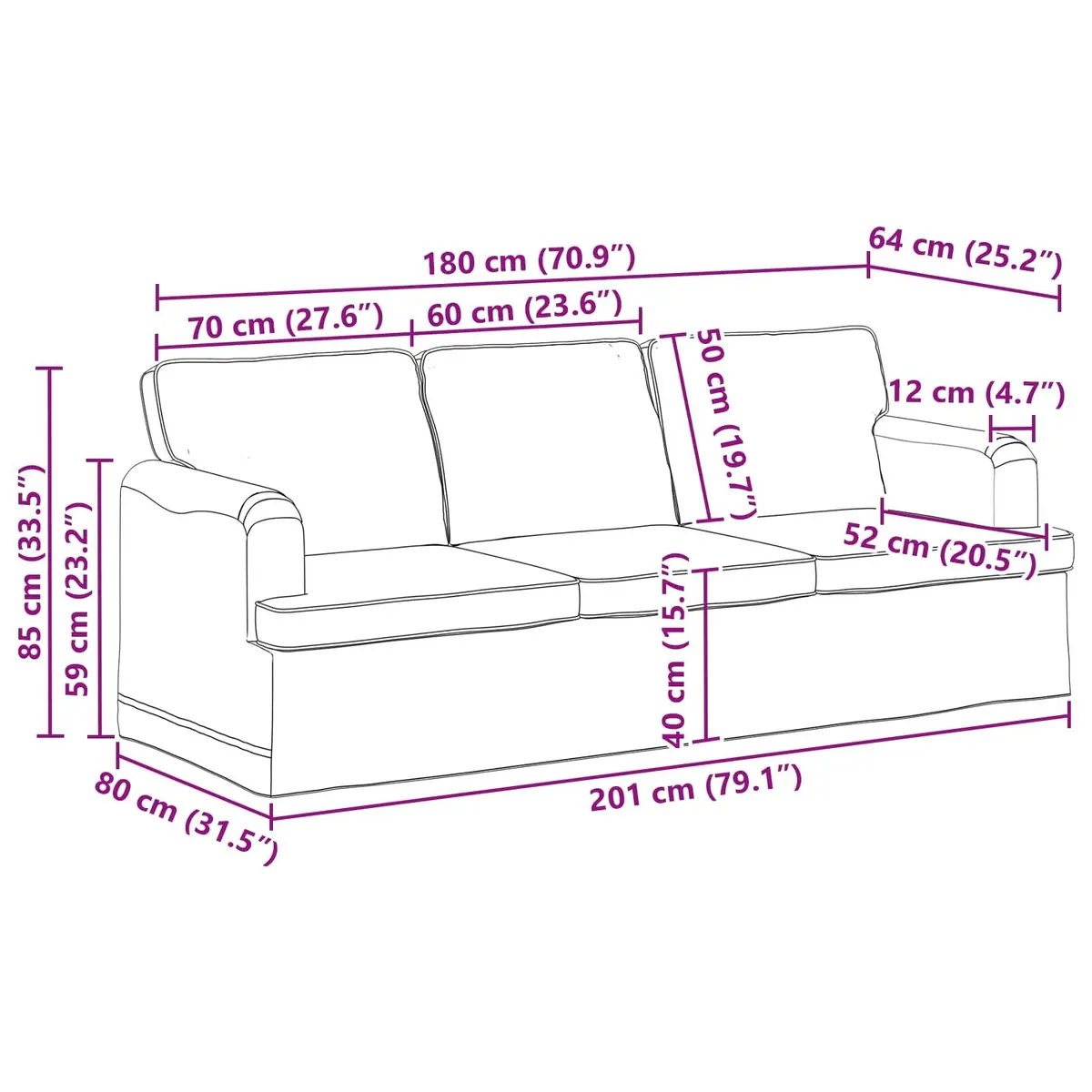 Modern Black Fabric Sofa 201 x 80 x 85 cm Living Room Lounge Modular Couch