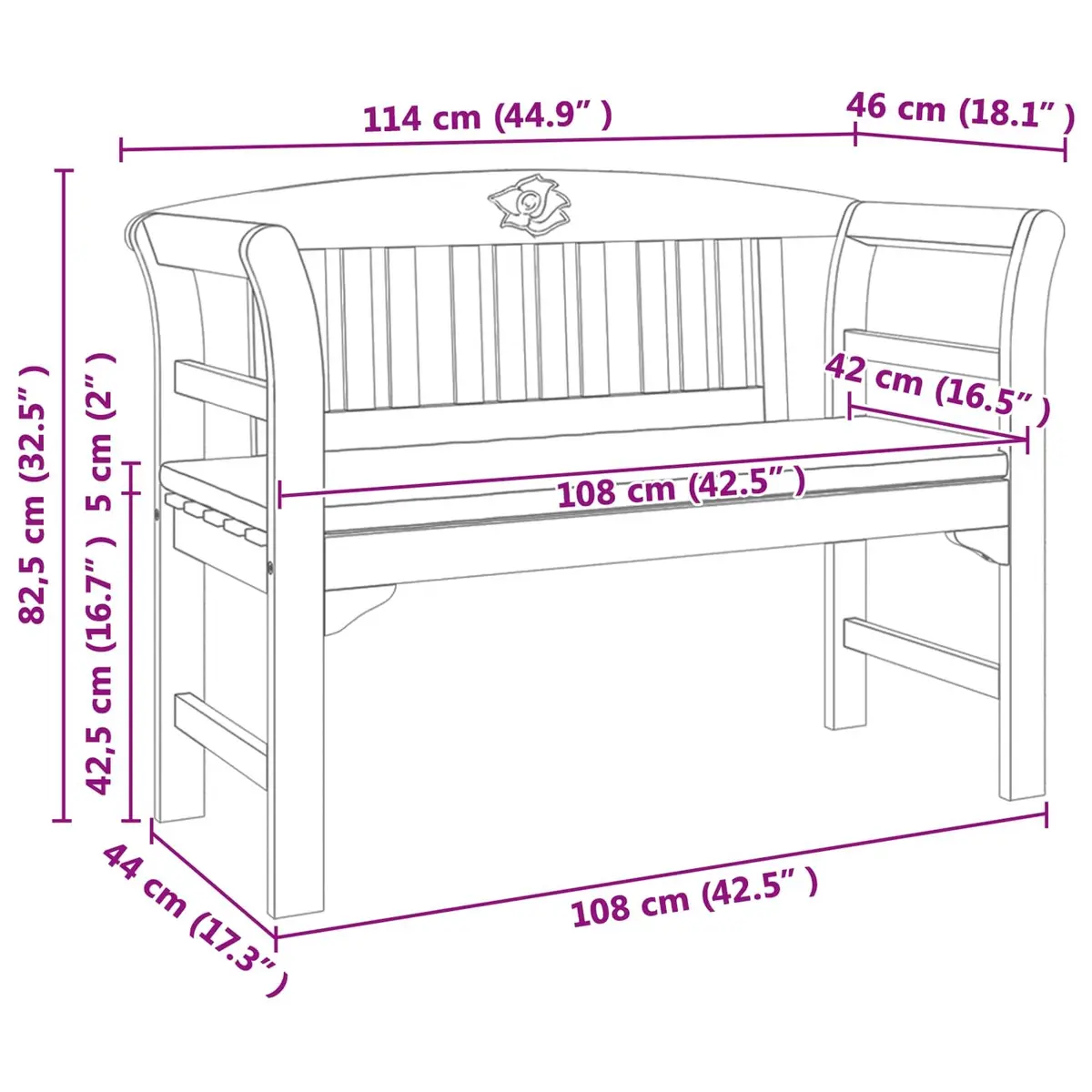 Outdoor Rose Bench Garden Patio Seating Hand-Carved Solid Wood Acacia Furniture