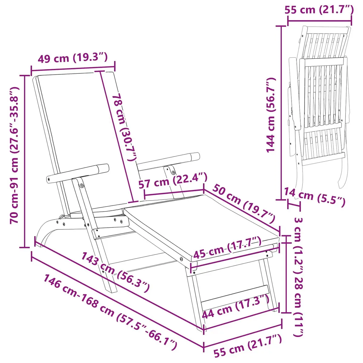 Sun Lounger Reclining Folding Garden Outdoor Chair with Adjustable Backrest