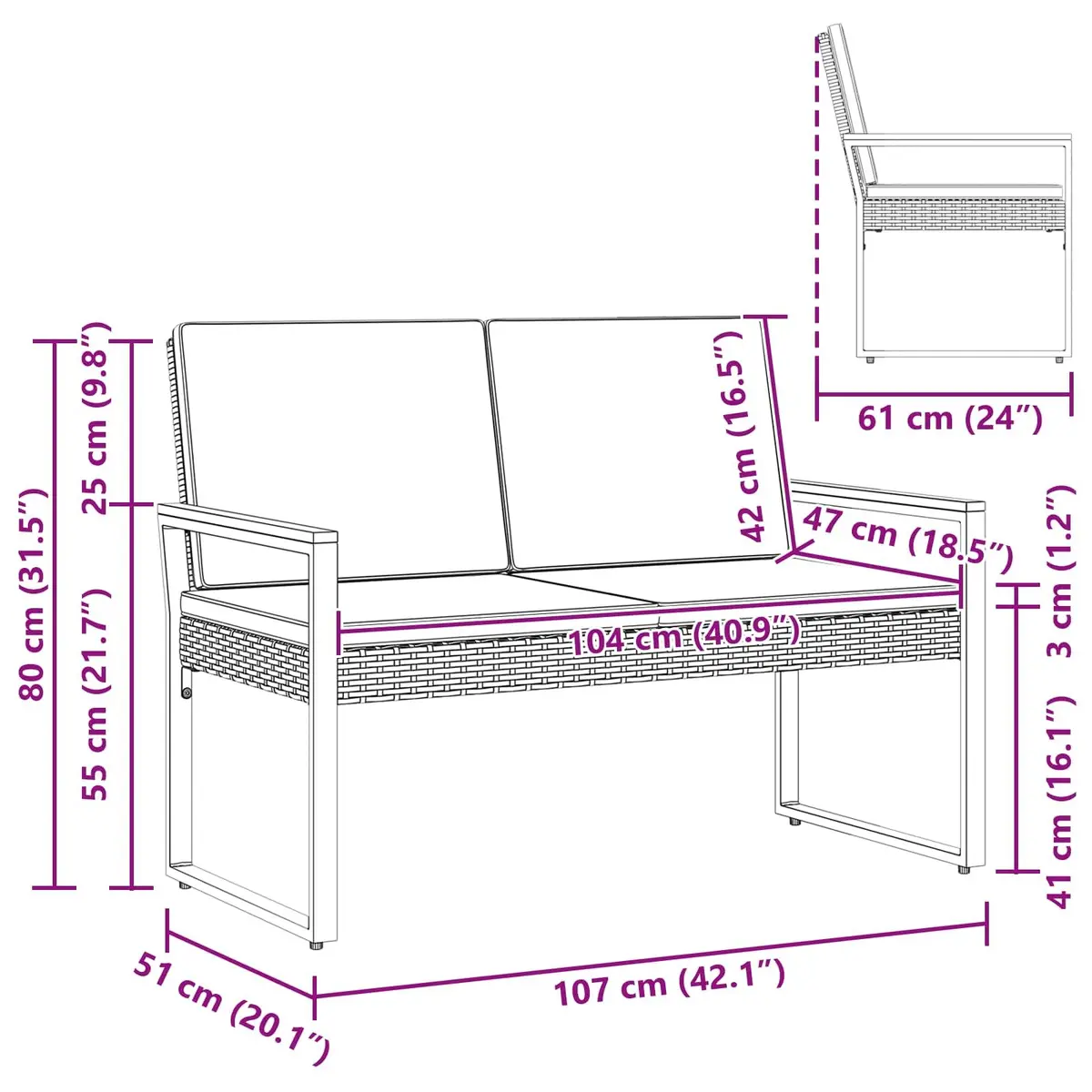 Outdoor Bench Poly Rattan Grey Weather-Resistant Durable Seating 107 x 61 x 80 cm
