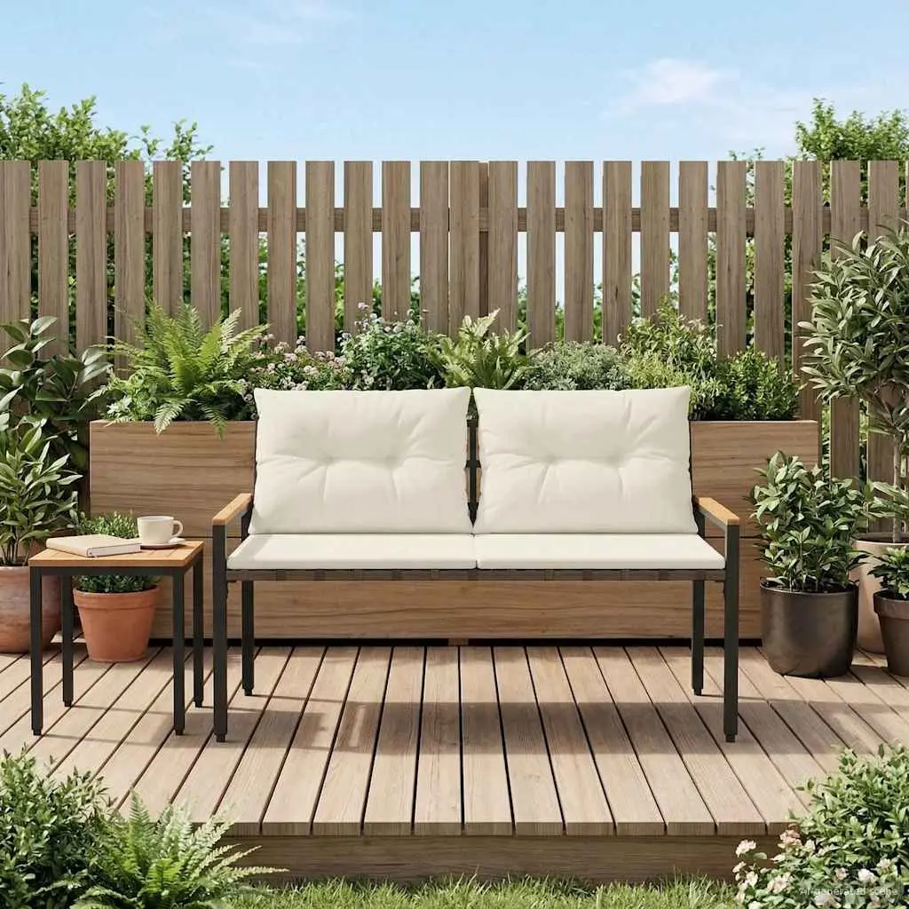 Outdoor Bench 2-Seater Garden Patio Poly Rattan Acacia Wood Backrest Seating