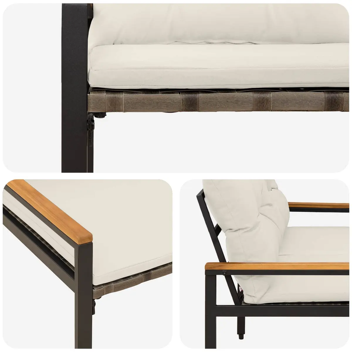 Outdoor Bench 2-Seater Garden Patio Poly Rattan Acacia Wood Backrest Seating