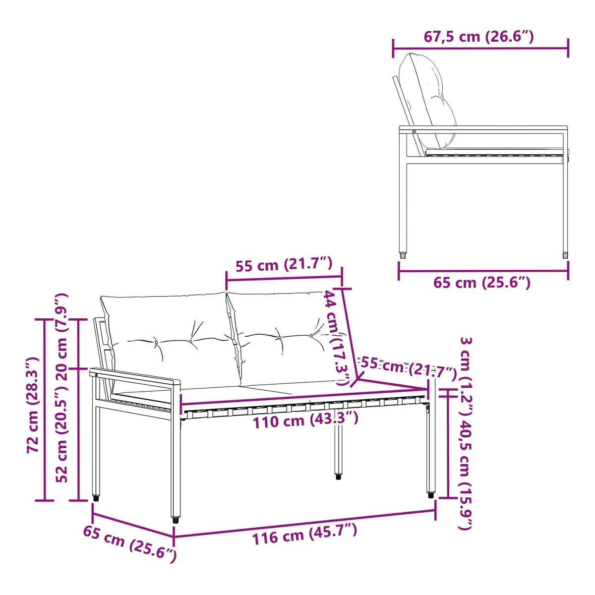 Outdoor Bench 2-Seater Garden Patio Poly Rattan Acacia Wood Backrest Seating