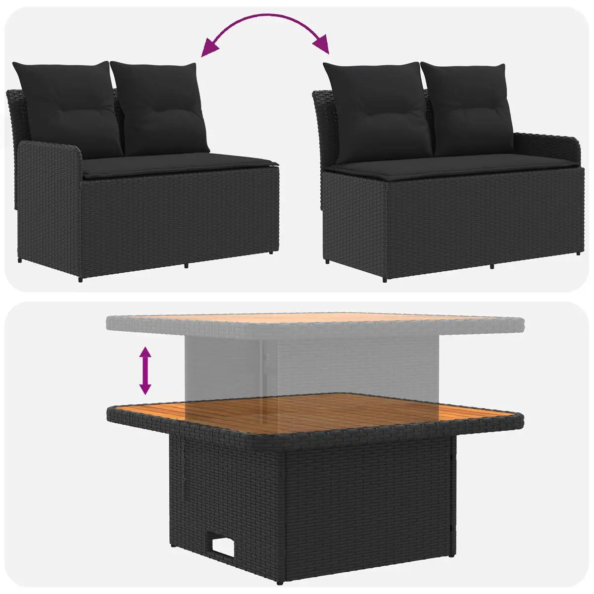 Outdoor Sectional Sofa Set with Lift-Up Table 2-Piece Black