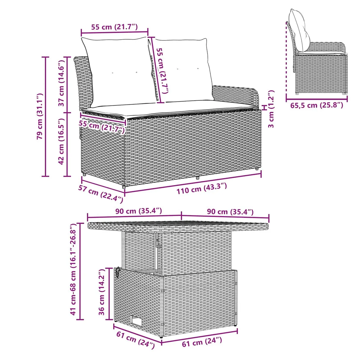 Outdoor Lounge Set with Lift-Up Table Grey 2 Piece PE Rattan Garden Armrest Sofa