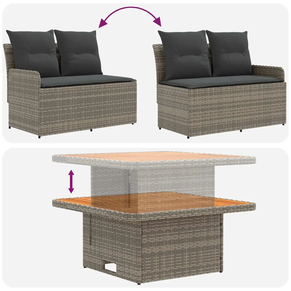 Outdoor Lounge Set with Lift-Up Table Grey 2 Piece PE Rattan Garden Armrest Sofa