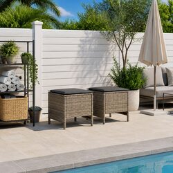 Garden Footstool Outdoor Indoor Seating 2 Piece Set Grey Rattan Frame Removable