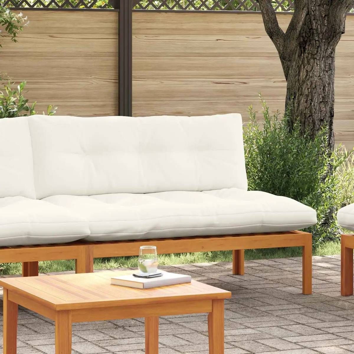 Outdoor Sectional Sofa Middle Unit Acacia Wood Natural Cream White
