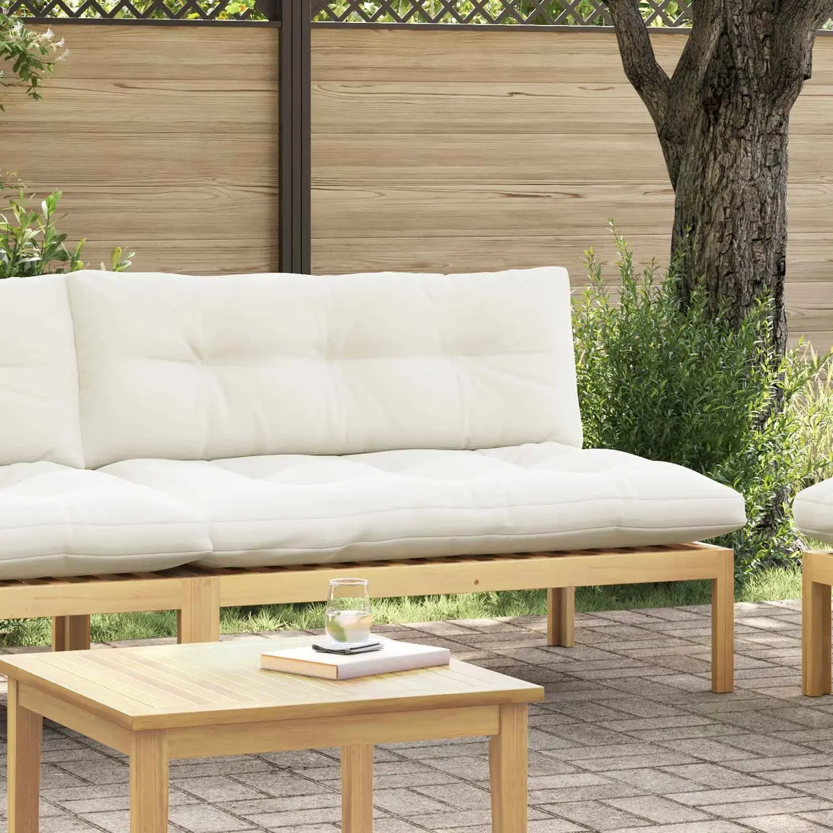 Middle Unit Sofa for Outdoor and Indoor Use Solid Acacia Wood Light Acacia Cream White
