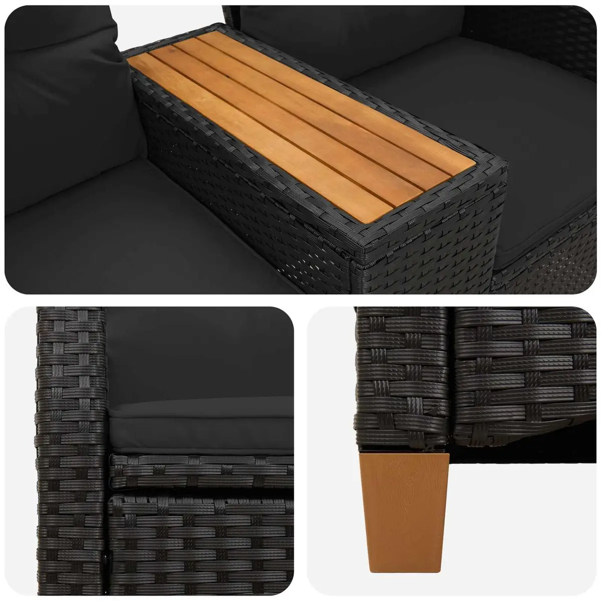 Outdoor Reclining Bench with Integrated Tea Table Adjustable Backrest Black Poly Rattan
