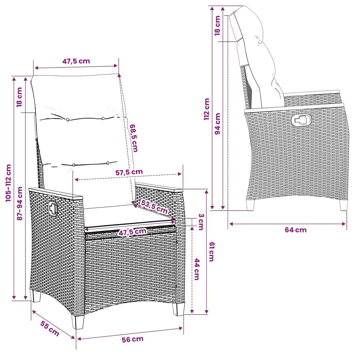 Adjustable Reclining Garden Chair Grey Durable Outdoor Seating Patio Lounge