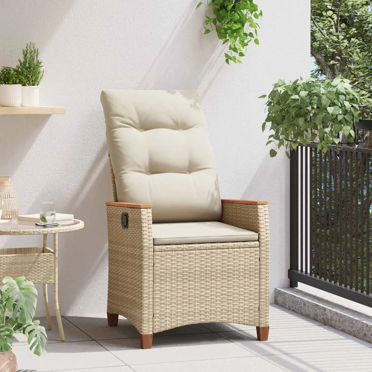 Reclining Garden Chair Beige Outdoor Seating Adjustable Backrest Poly Rattan