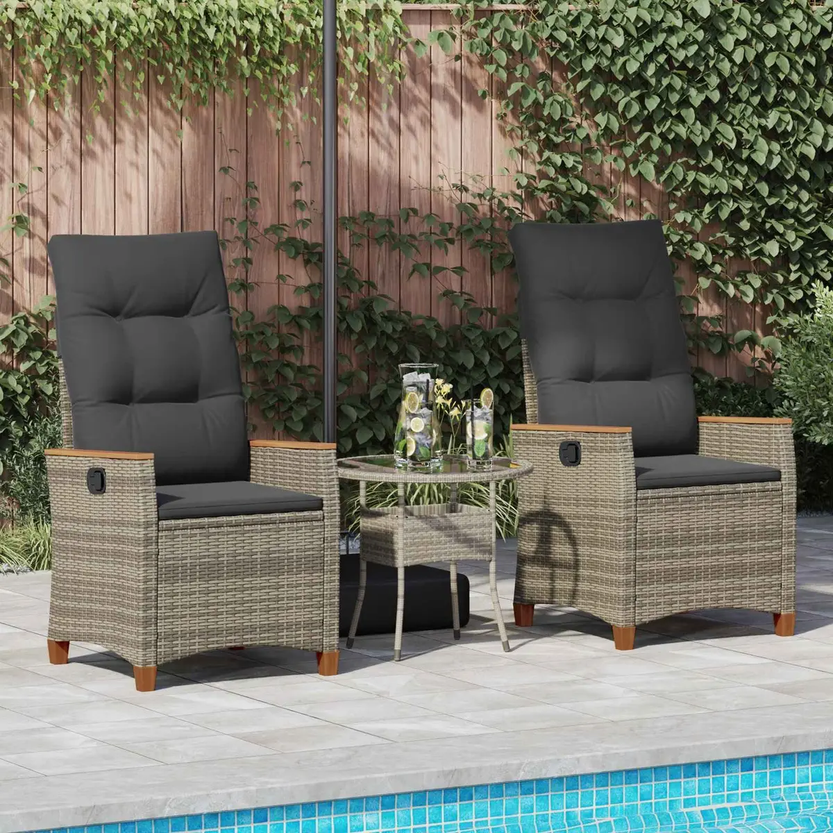 Reclining Garden Chair Grey Manual Adjustable Backrest Acacia Wood Armrests