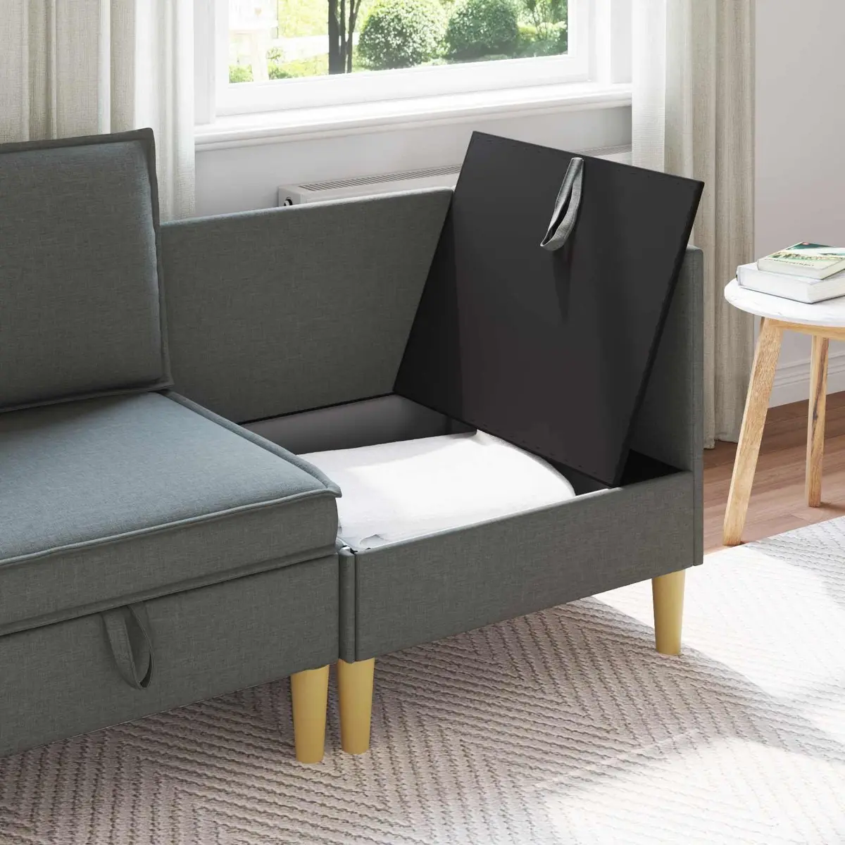 Grey Corner Sofa Storage Ottoman Modern Living Room Furniture Seating