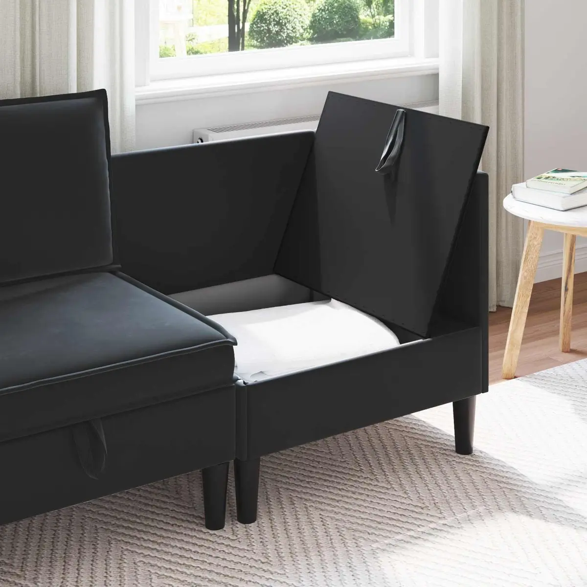 Black Velvet Sofa with Storage Compartment Modern Living Room Furniture