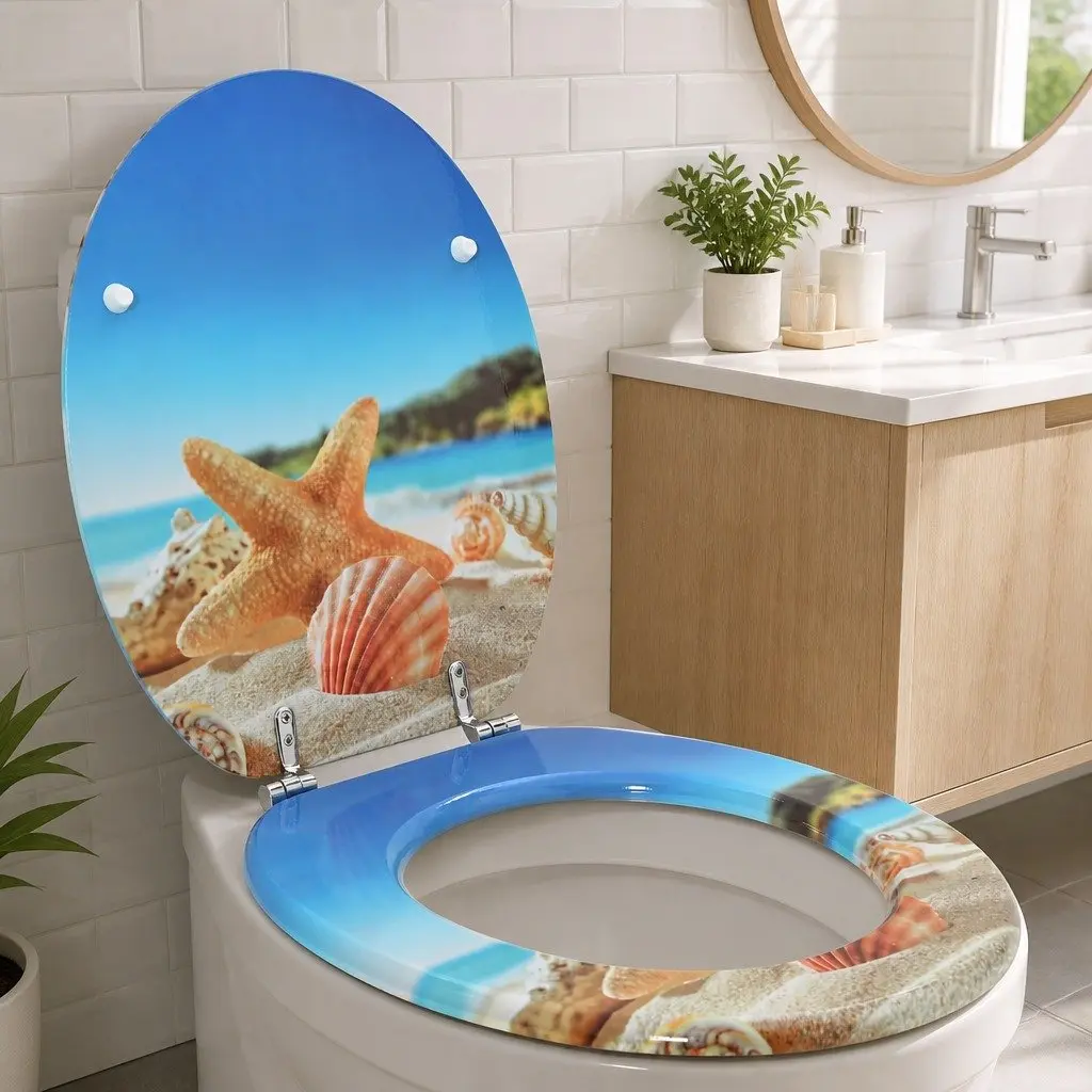 Light Blue MDF Soft-Close Toilet Seat 44 x 38 cm Easy Installation Bathroom Fixture