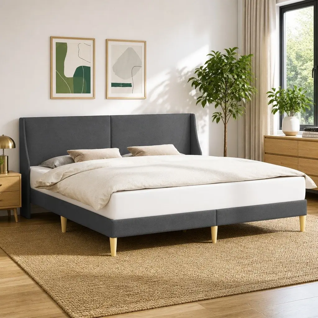 Bed Frame with Wall-Mounted Headboard Curved Slats Modern Design Bedroom