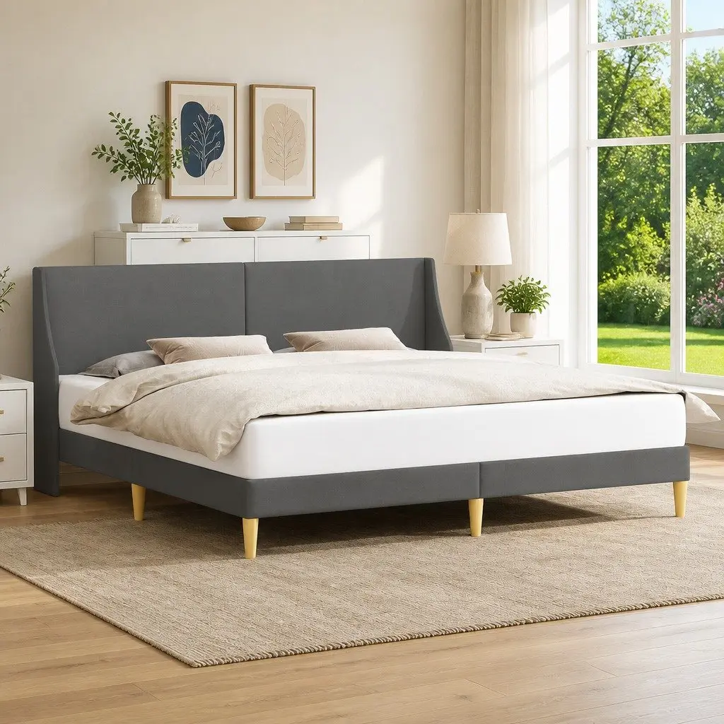 Fabric Bed Frame with Slatted Base Dark Grey Plywood Headboard