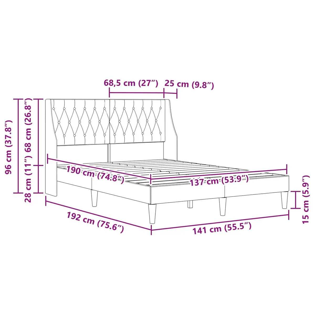 Bed Frame with Velvet Headboard Dark Grey 137 x 190 cm Modern Bedroom Furniture