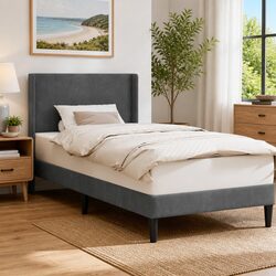 Bed Frame with Dark Grey Velvet Headboard Slatted Base Modern Bedroom Furniture
