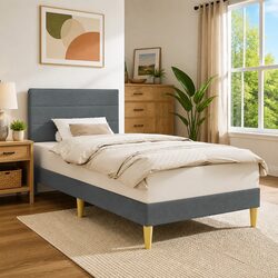 Grey Fabric Bed Frame with Headboard Modern Bedroom Furniture 90 x 190 cm