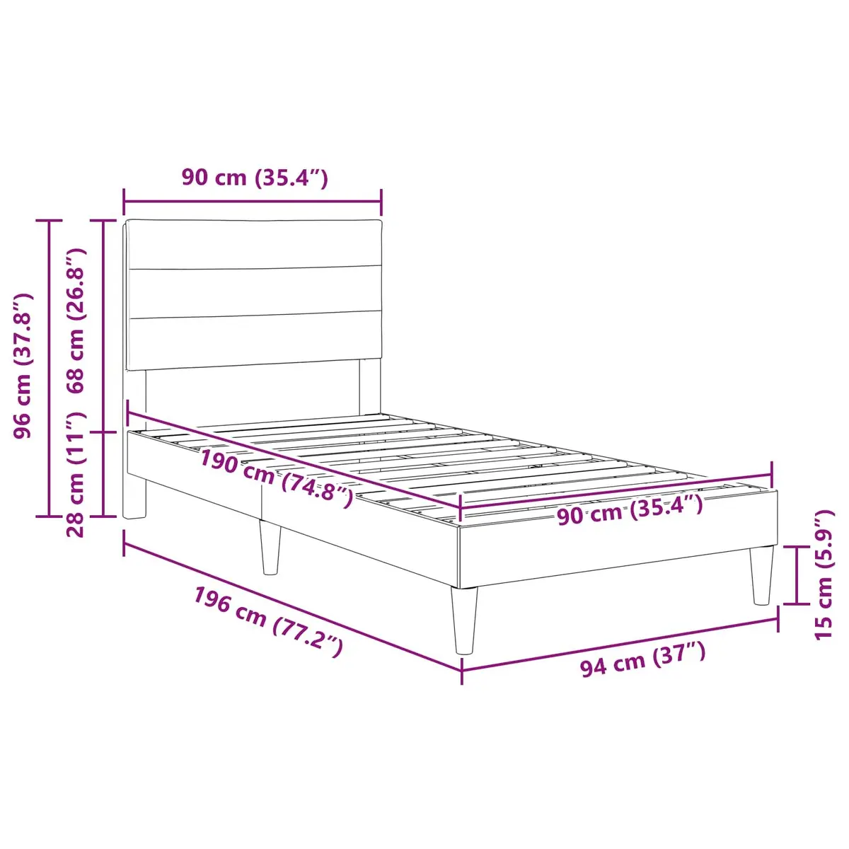 Grey Fabric Bed Frame with Headboard Modern Bedroom Furniture 90 x 190 cm