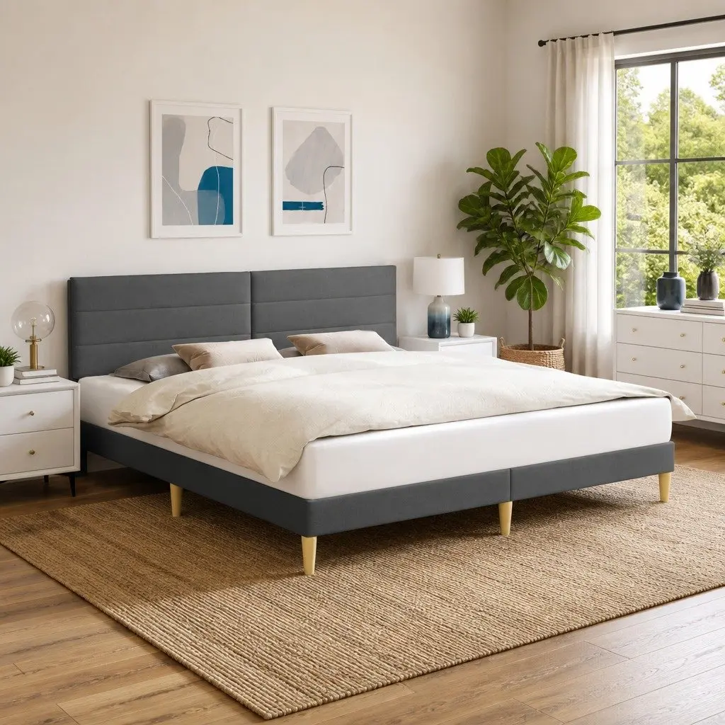 Bed Frame Grey Fabric Upholstered 180 x 200 cm