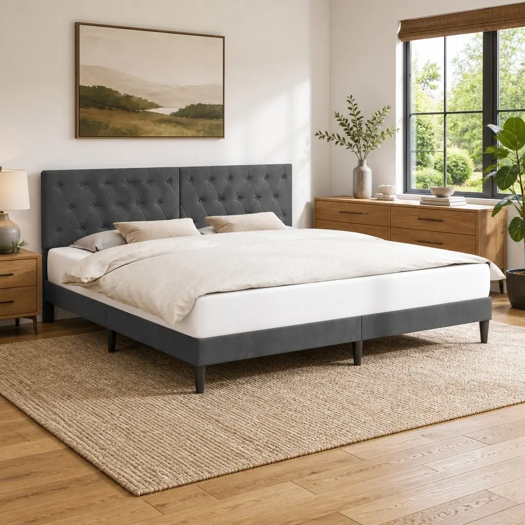 Grey Velvet Bed Frame with Headboard 180 x 200 cm