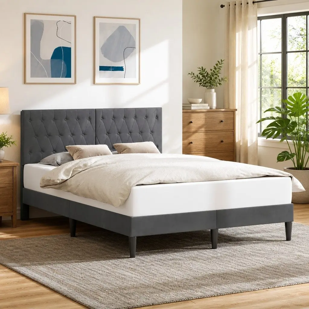 Bed Frame Velvet Headboard Dark Grey 153 x 203 cm Slatted Support