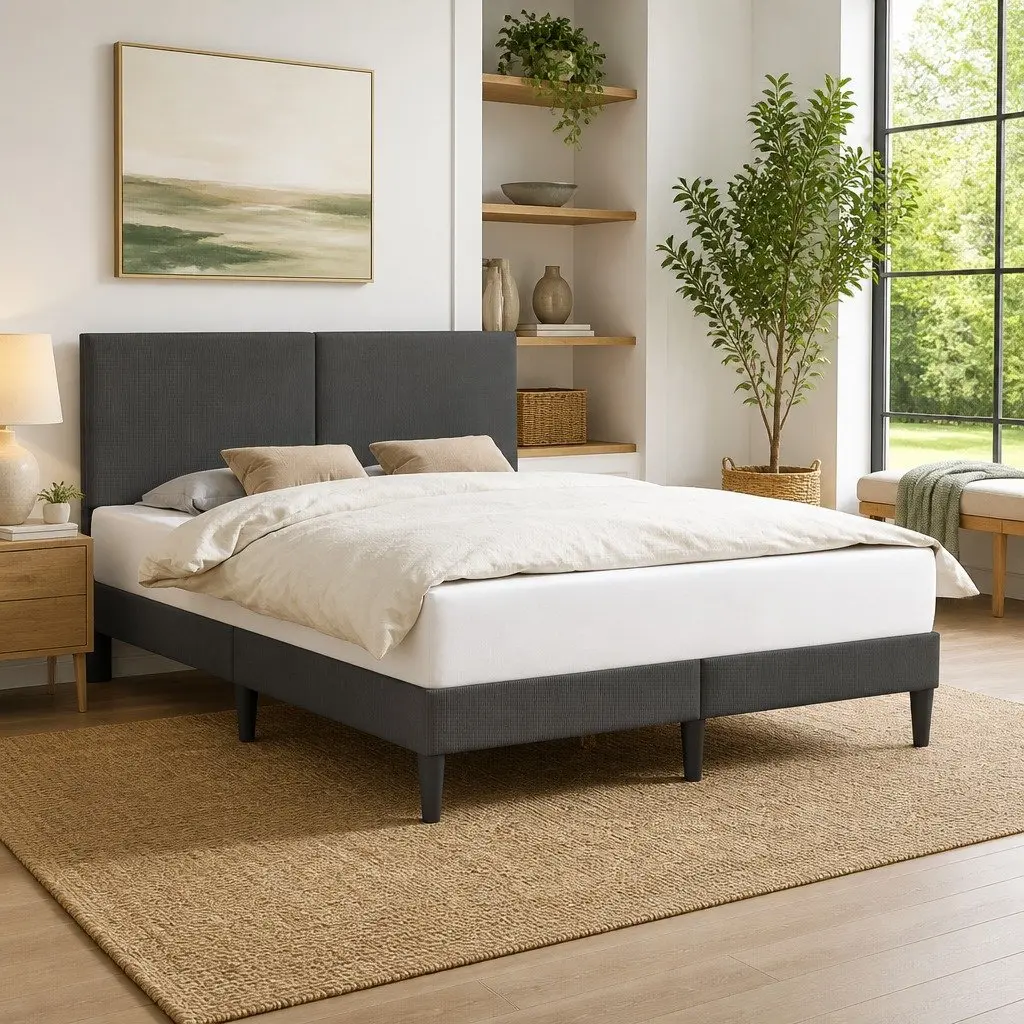 Modern Bed Frame Dark Grey Corduroy Headboard 153x203cm Bedroom Furniture
