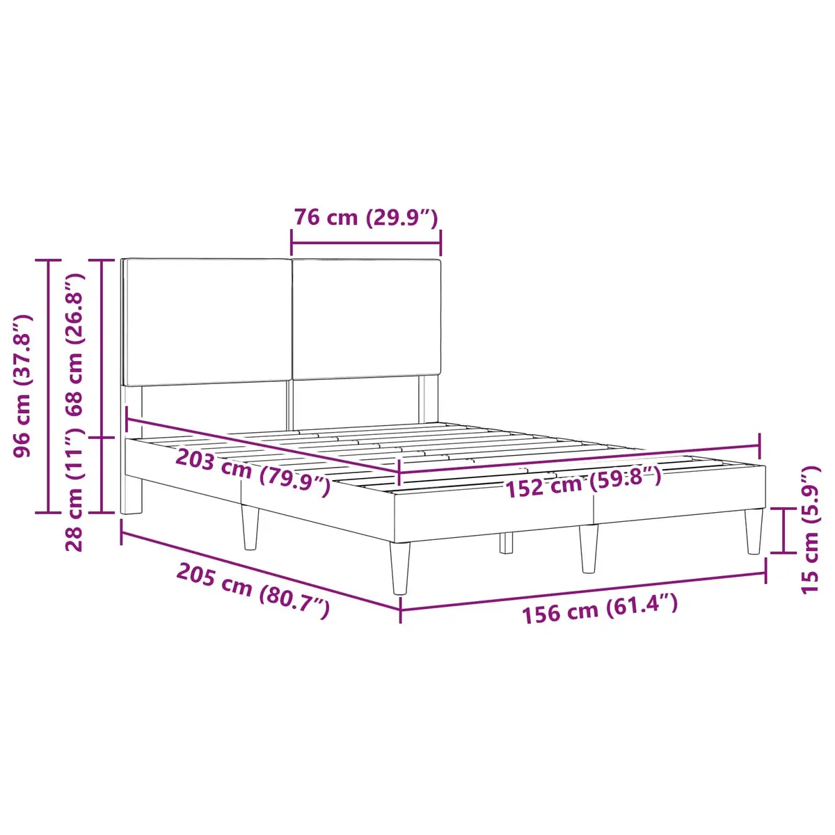 Modern Bed Frame Dark Grey Corduroy Headboard 153x203cm Bedroom Furniture