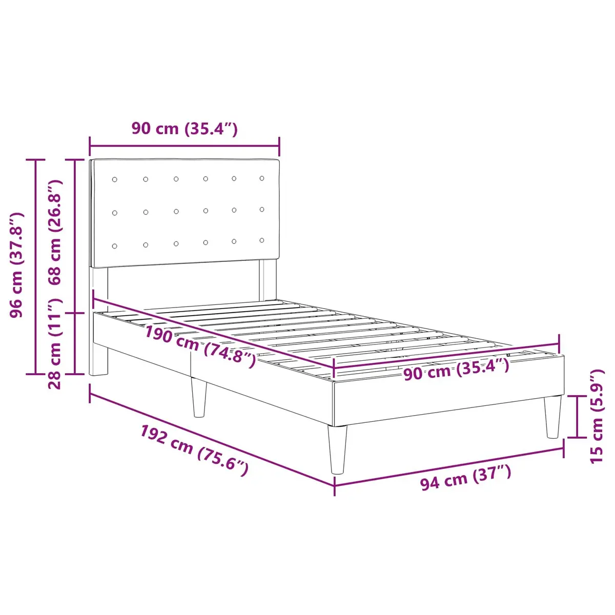 Bed Frame with Headboard Grey 90 x 190 cm Modern Bedroom Furniture Fabric