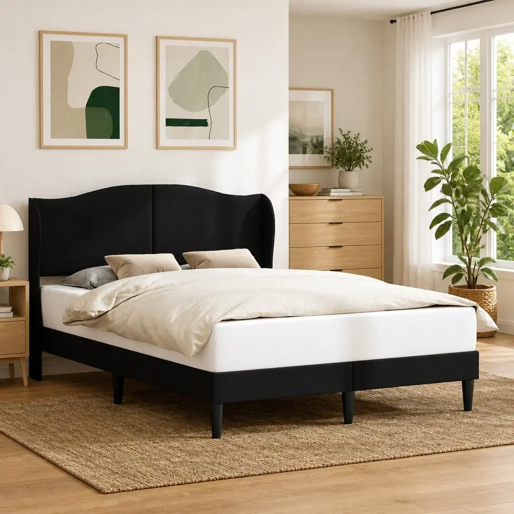 Bed Frame with Headboard Faux Leather Black 152 x 203 cm Modern