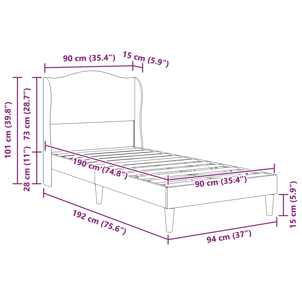 Bed Frame with Velvet Headboard Dark Grey 90 x 190 cm Modern Bedroom Furniture
