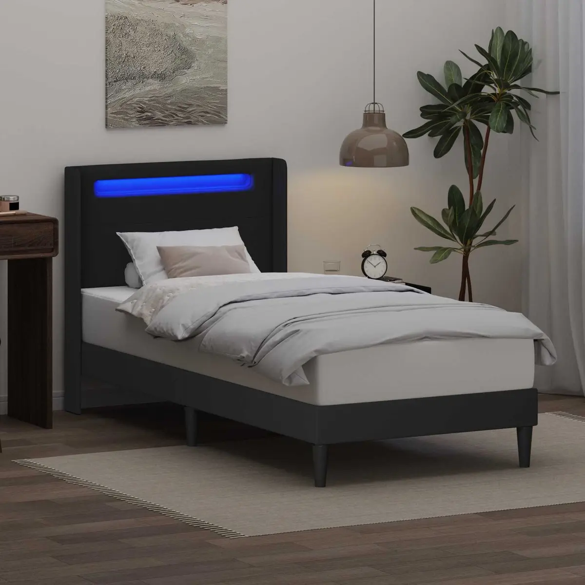 Black Bed Frame with Integrated LED Strip Lights Modern Faux Leather Design