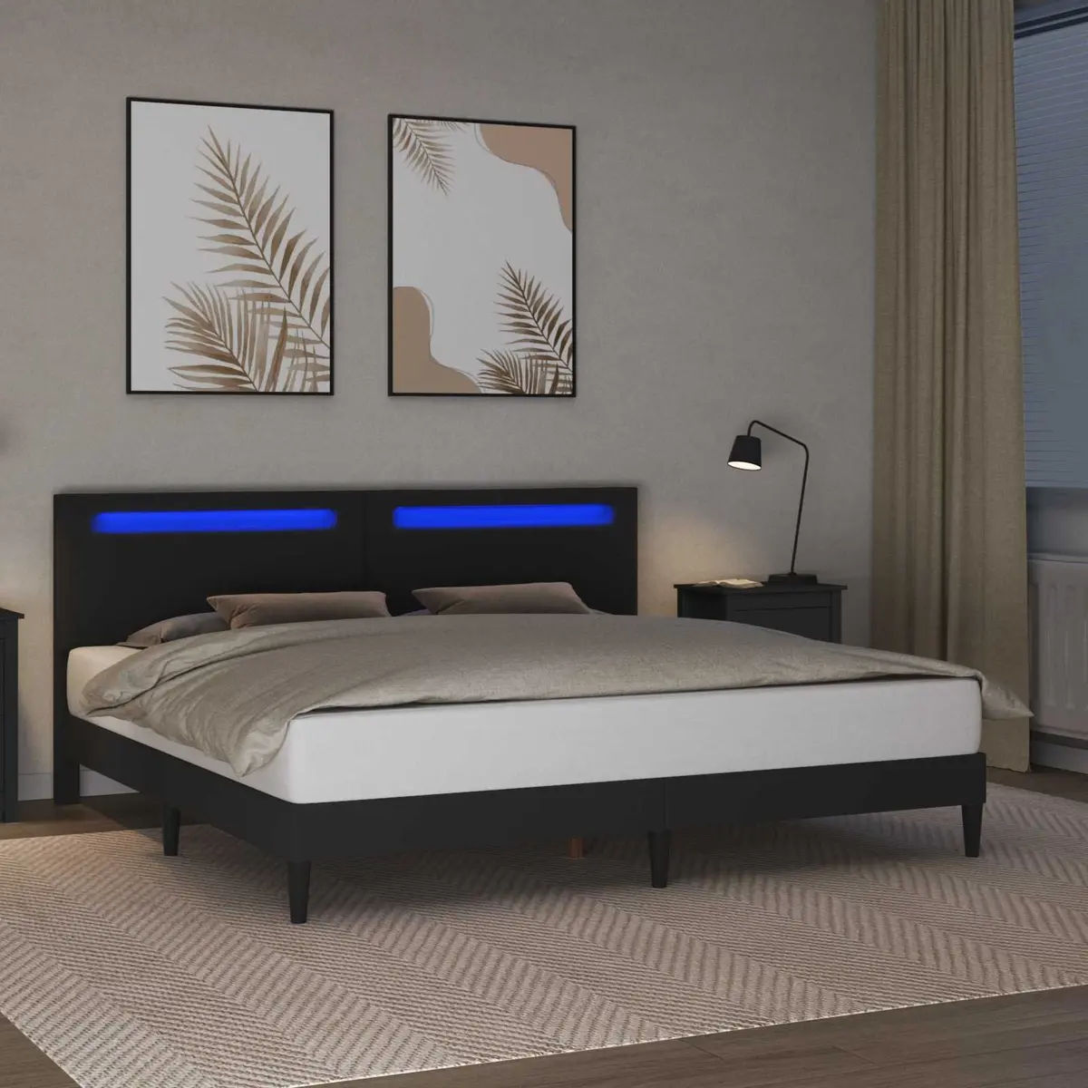 LED Strip Light Bed Frame Black Faux Leather Headboard 180 x 200 cm Plywood Construction